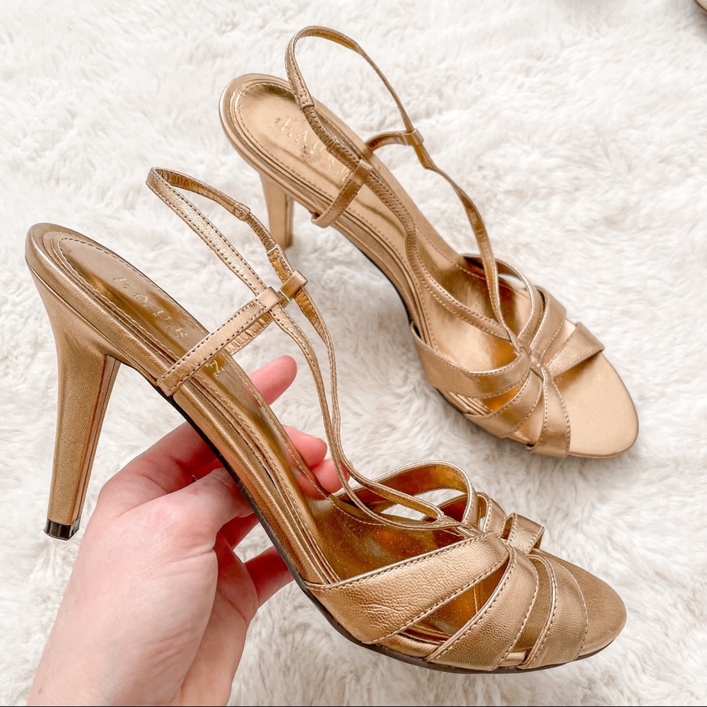 Ralph Lauren Gold Shine Skinny Ankle Strap Open Toe Sandal Heels Sz 10